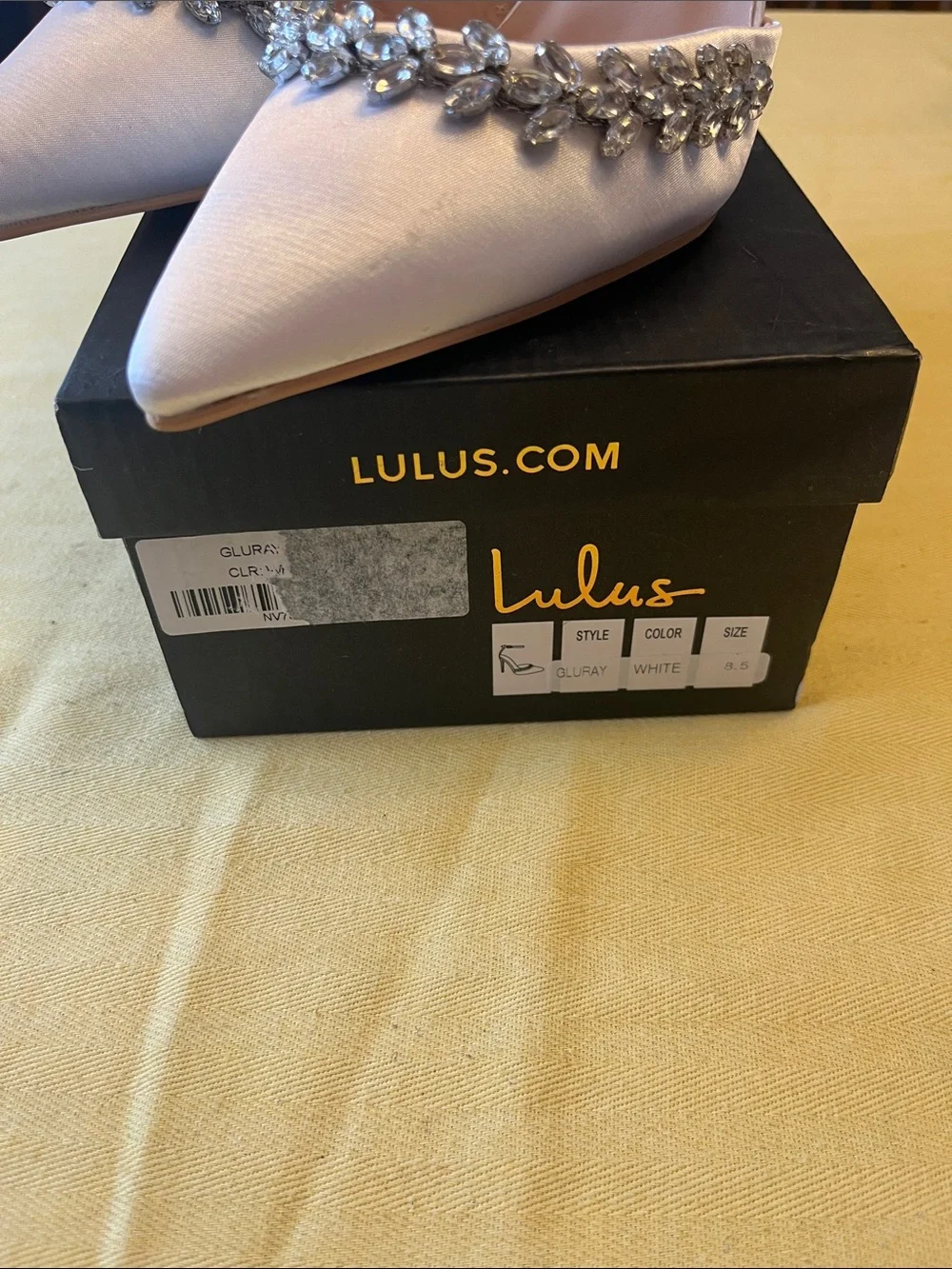 Lulu's Satin White Pointed-Toe Jeweled Slingback Heels